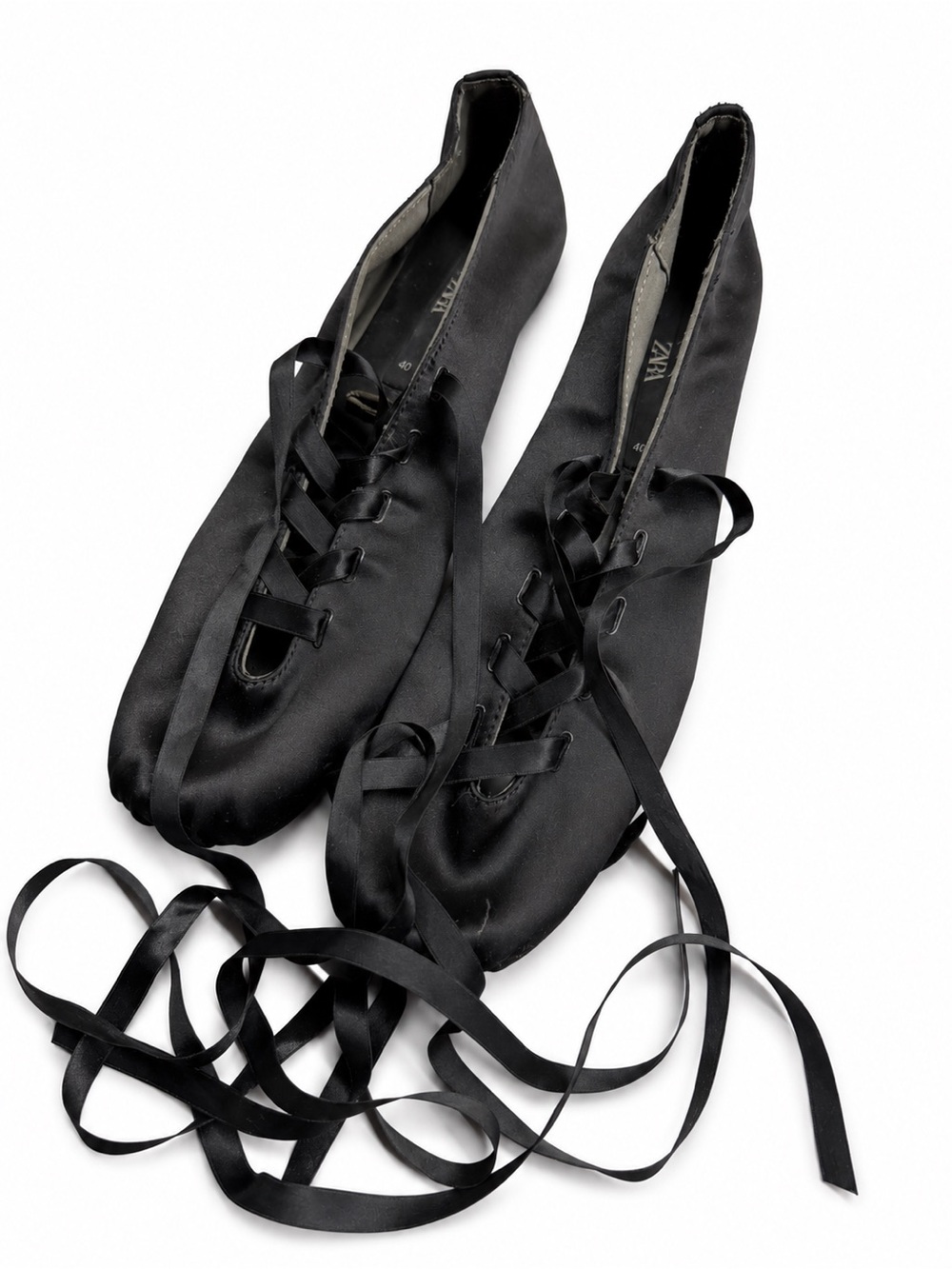 Zara Black Satin Lace Up Ribbon Ballet Flats 9
